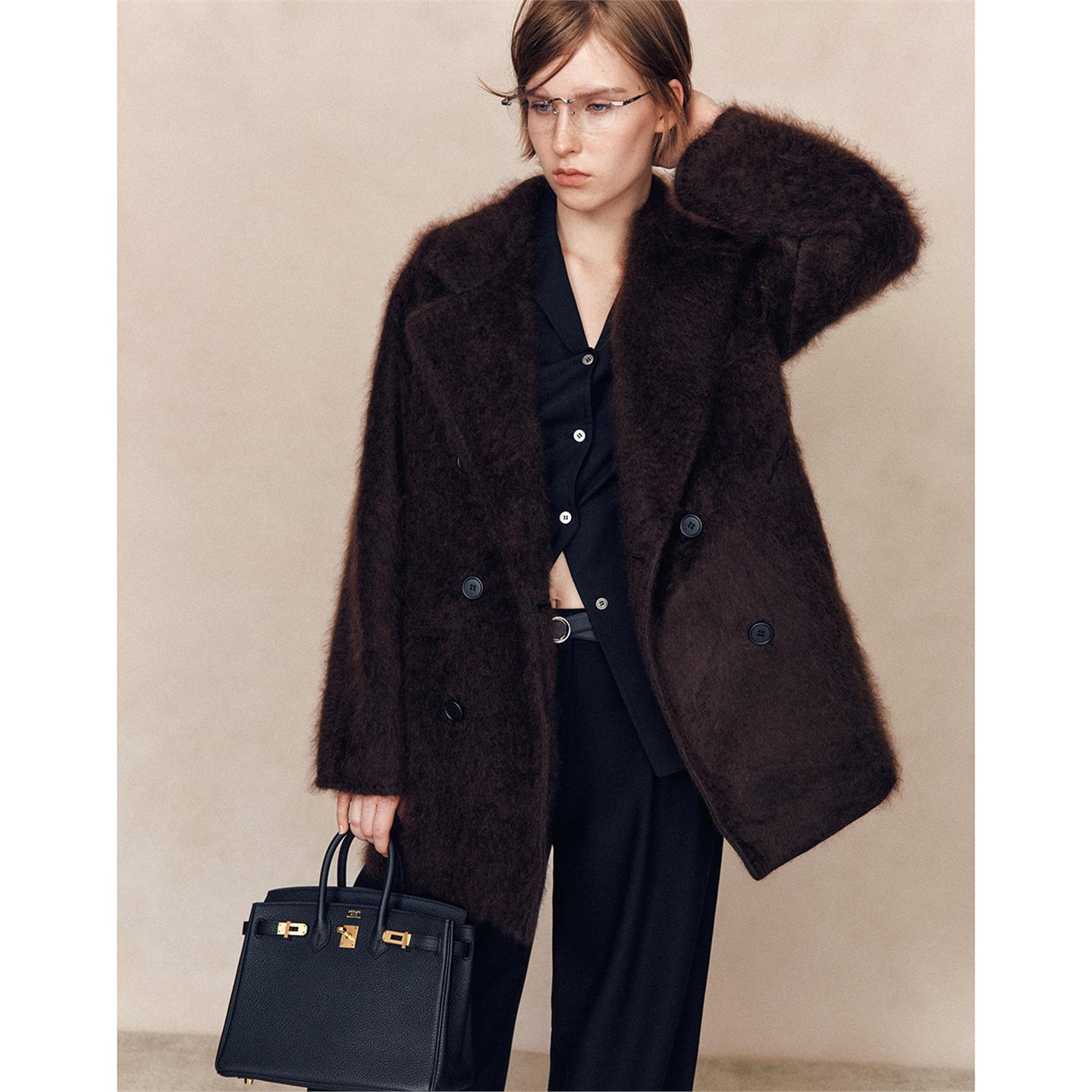 爵莱菲大码山羊绒皮草感拉毛翻驳领廓形感毛呢大衣外套显瘦气质冬