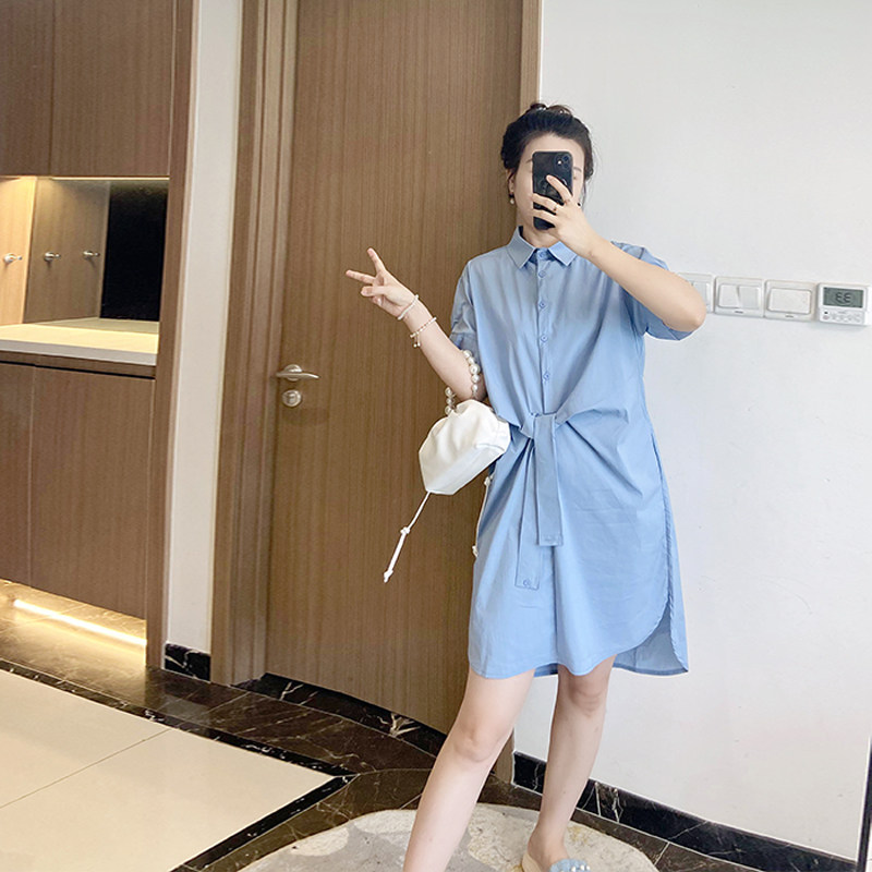 蓝色韩式休闲夏季大码女装衬衫连衣裙胖mm遮肚显瘦宽松2024年新款