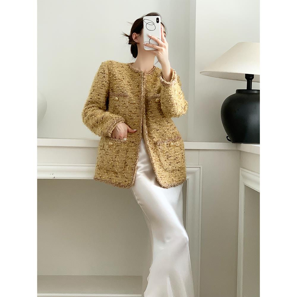 爵莱菲大码重工花纱法式宽松休闲微蚕丝式小香上衣女式秋季粗花呢