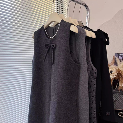 爵莱菲大码高腰A字显瘦蝴蝶结毛呢背心连衣裙中长款背心裙羊毛