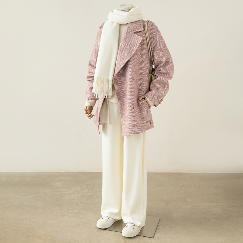 爵莱菲新款秋冬双面绒粉色羊毛大衣女小个子中长韩版呢外套气质