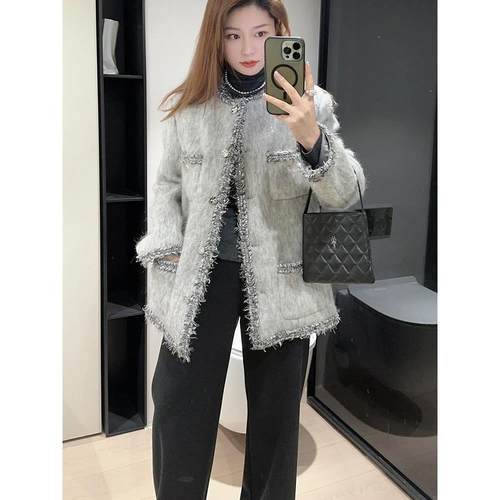 爵莱菲大码90白鸭绒钱币扣亮片驼毛拉毛亮片小香毛呢羽绒服外套