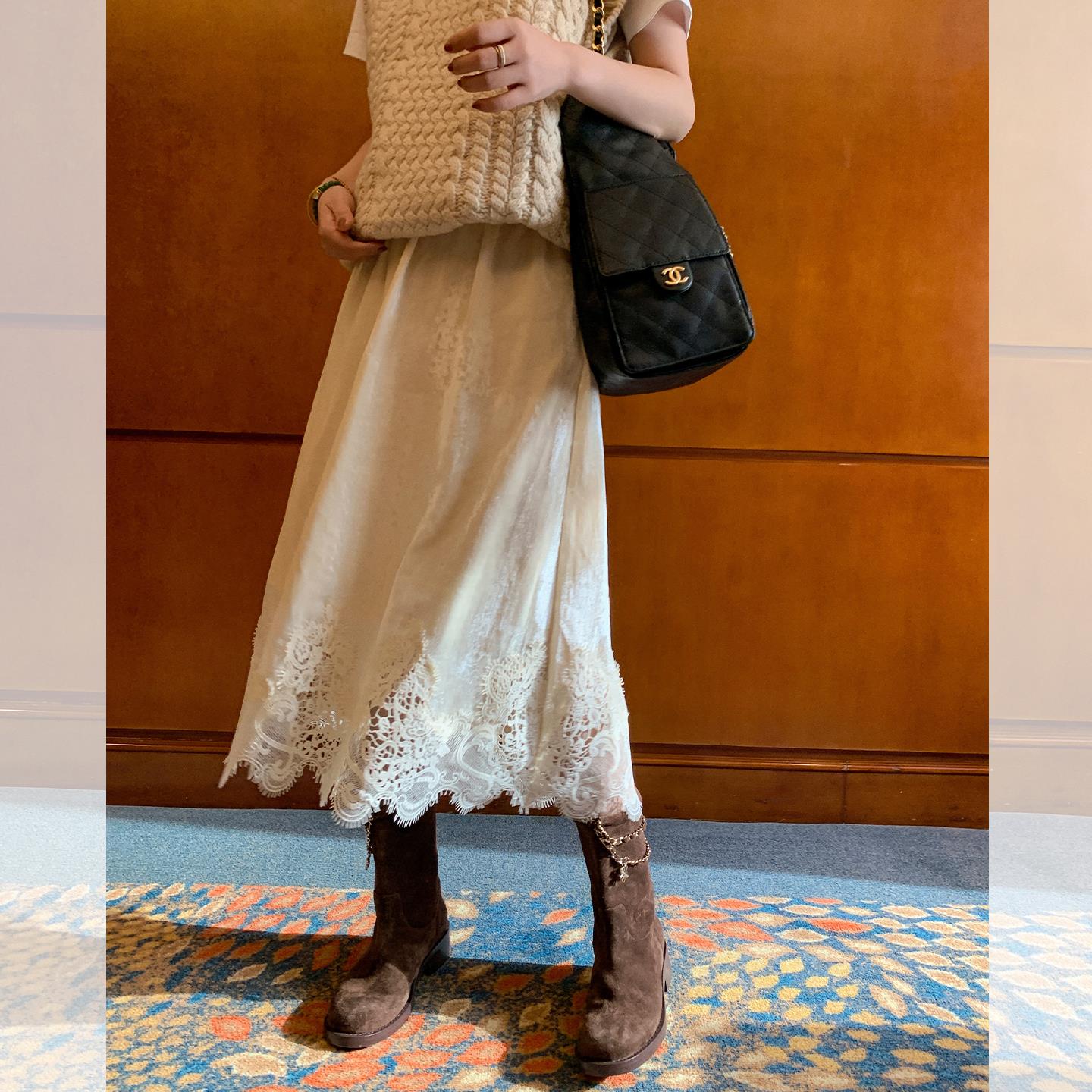 爵莱菲大码丝绒光泽半身裙女秋冬拼接蕾丝花边刺绣垂坠一步半裙