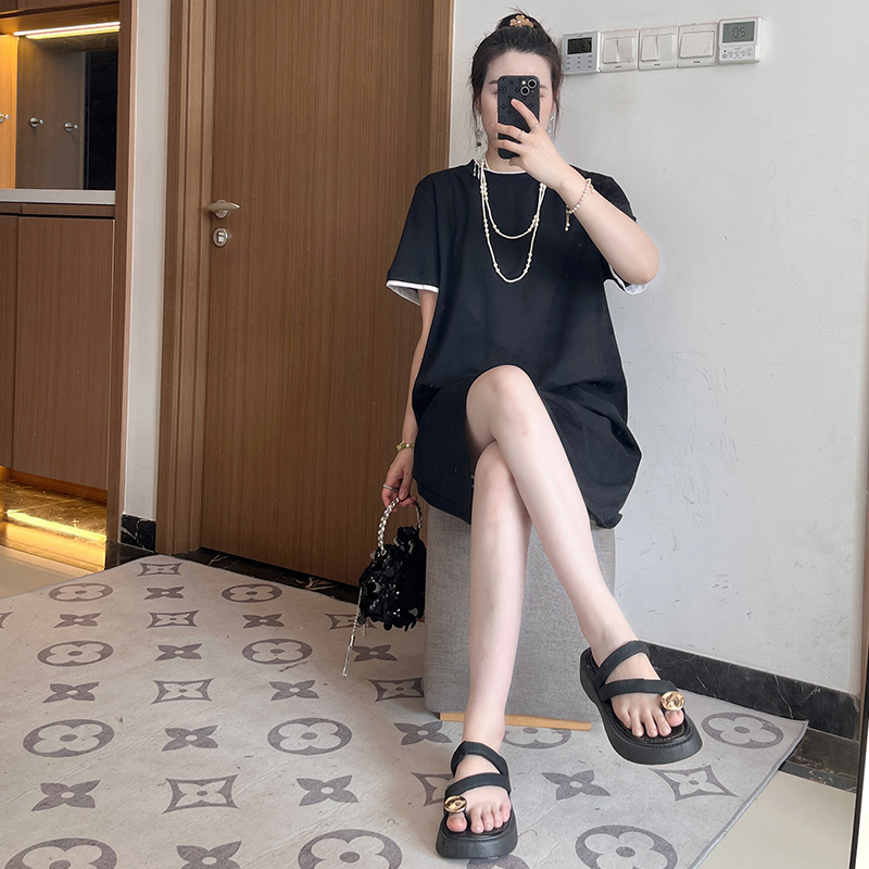 韩版慵懒风微胖穿搭休闲连衣裙女夏季宽松显瘦遮肉直筒裙大码胖mm