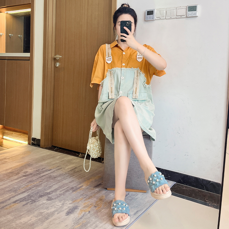 黄色衬衫拼接假两件牛仔连衣裙女夏季2025新款休闲减龄大码胖mm