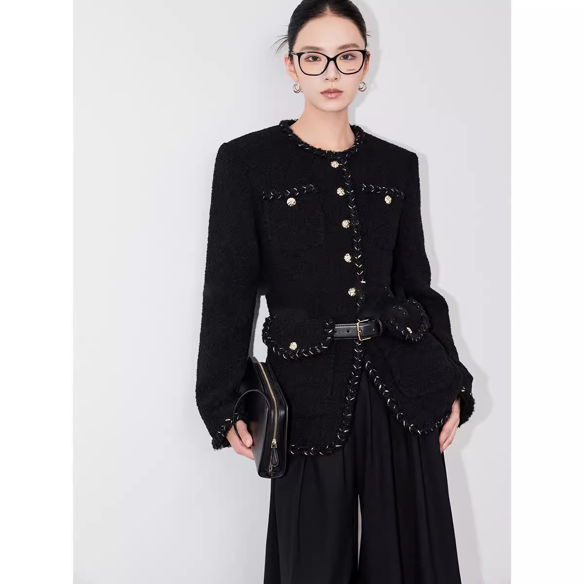 爵莱菲诶大码胖mm圆领单排扣收腰织带设计感小香风外套女新款