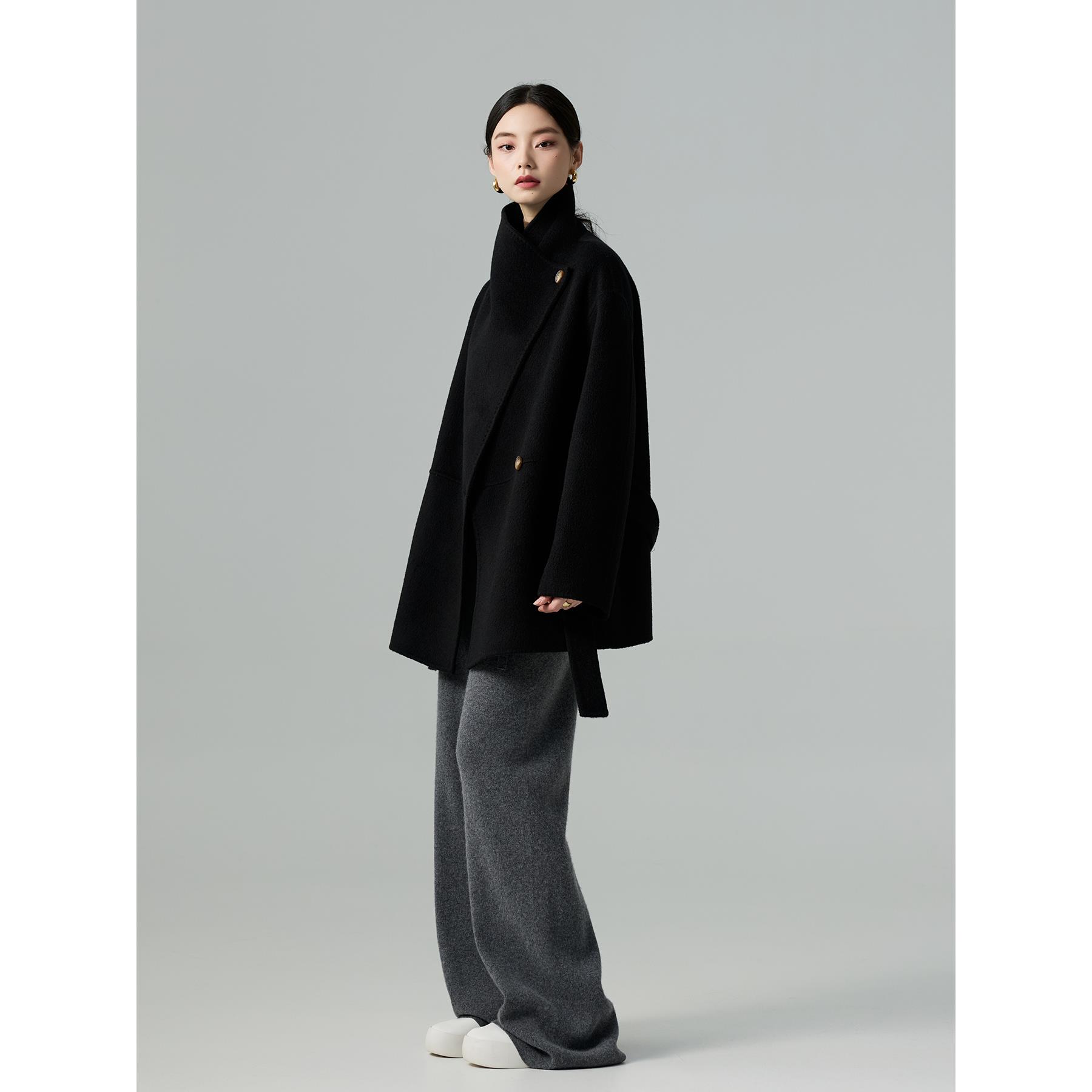爵莱菲大码大衣女小个子新款黑色高级感时尚短款双面毛呢外套胖mm