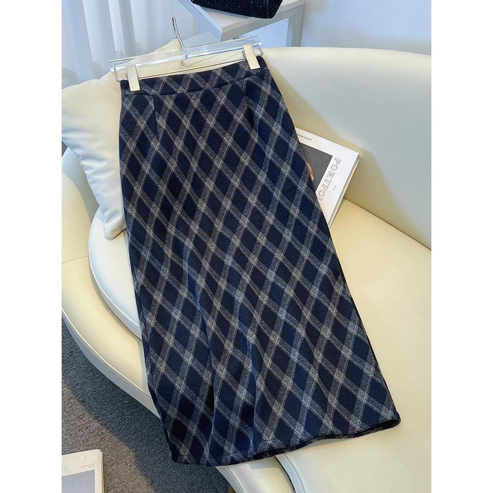 爵莱菲大码复古蓝色格子纹毛呢半身裙女新款冬加厚A字中长裙