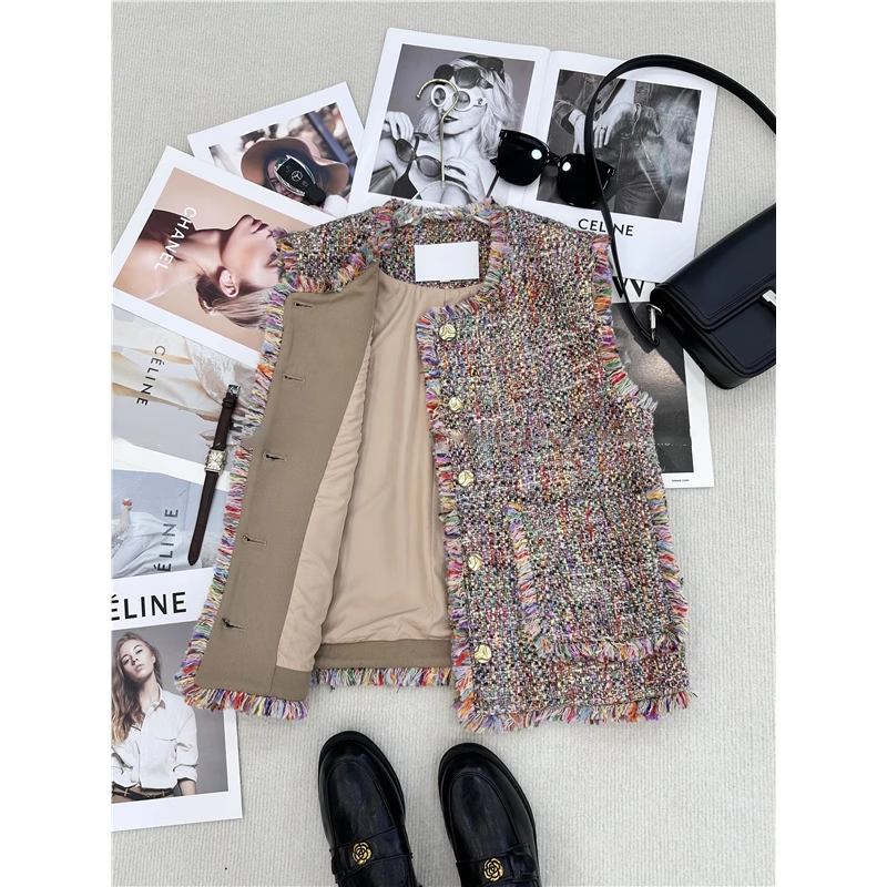 爵莱菲大码2025春秋新款流苏马甲小香风马甲背心无袖叠穿上衣