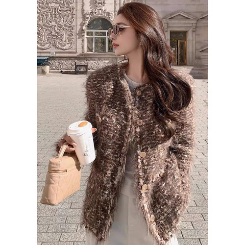 爵莱菲大码胖mm独家定制毛绒亮片纱贵气布朗棕小香风外套气质轻奢