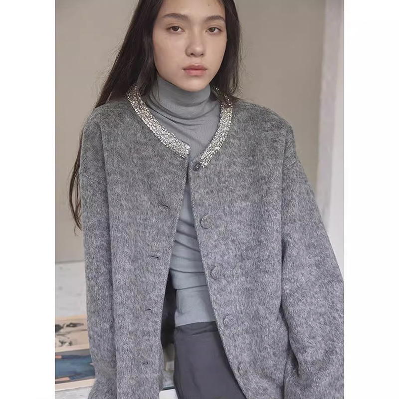 爵莱菲大码手工钻饰羊毛小香风双面毛呢外套小个子短款呢子大衣女