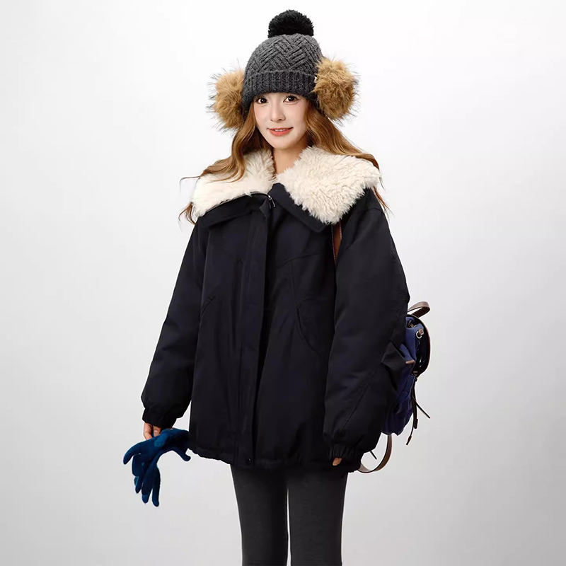 爵莱菲大码胖mm羊羔毛娃娃领90白鸭绒羽绒服冬季派克工装外套女