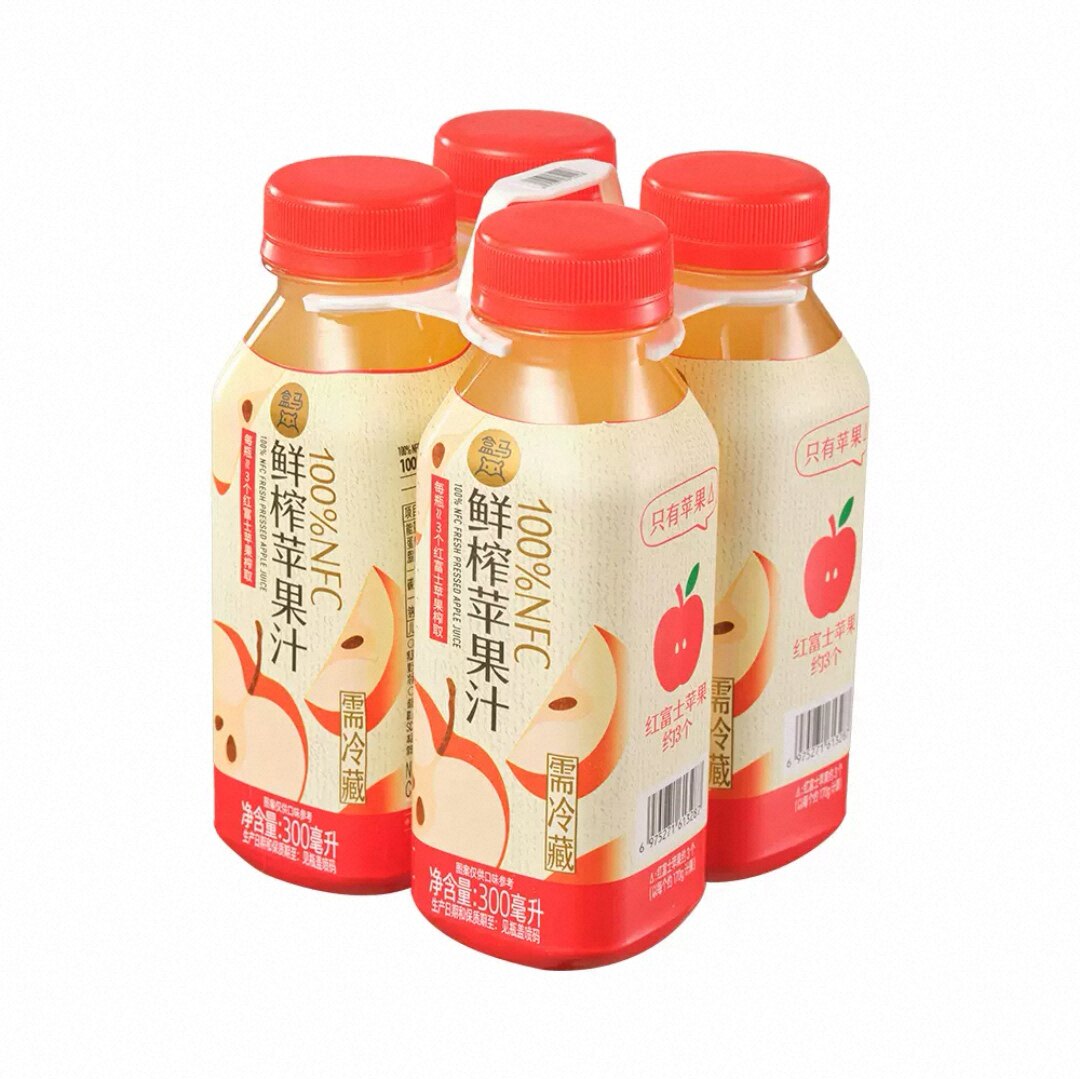 盒马 100%NFC鲜榨苹果汁300ml*4瓶冷藏新品包邮