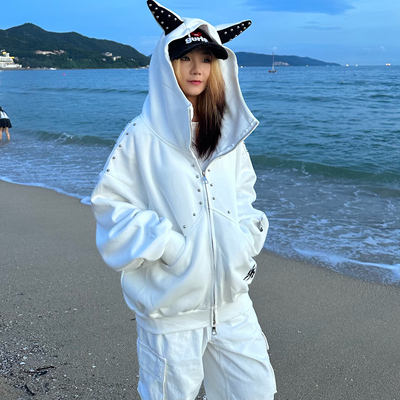 ZZHKA 美式复古恶魔角铆钉连帽卫衣秋款宽松情侣百搭拉链上衣外套
