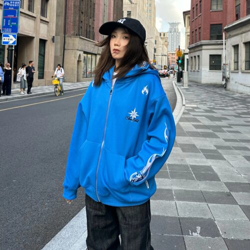 ZZHKA 美式高街火苗设计刺绣双层连帽卫衣外套宽松版ins风情侣款