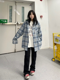 希望早点睡原创国潮美式街头风字母格子衬衫长袖情侣款夏季上衣潮