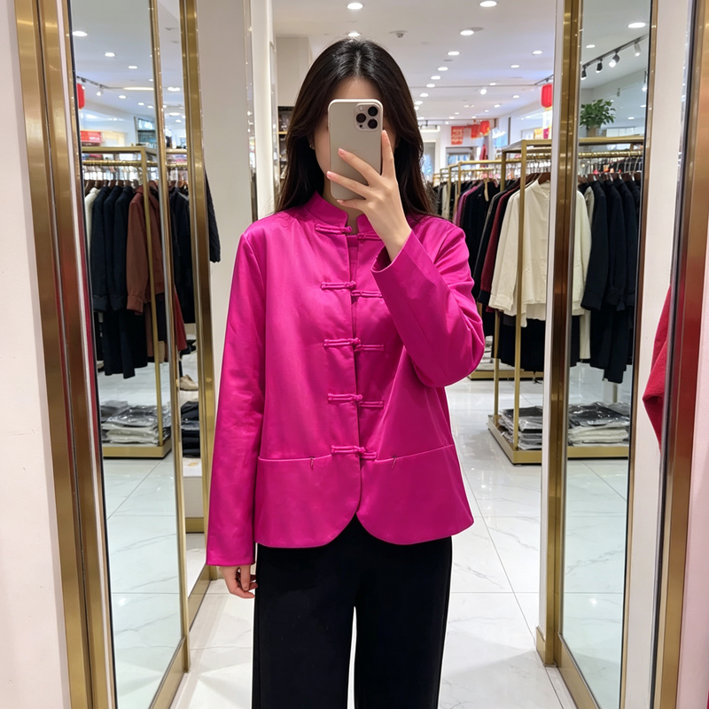 新中式风盘扣棉服女短款洋气轻奢棉袄外套玫红色立领