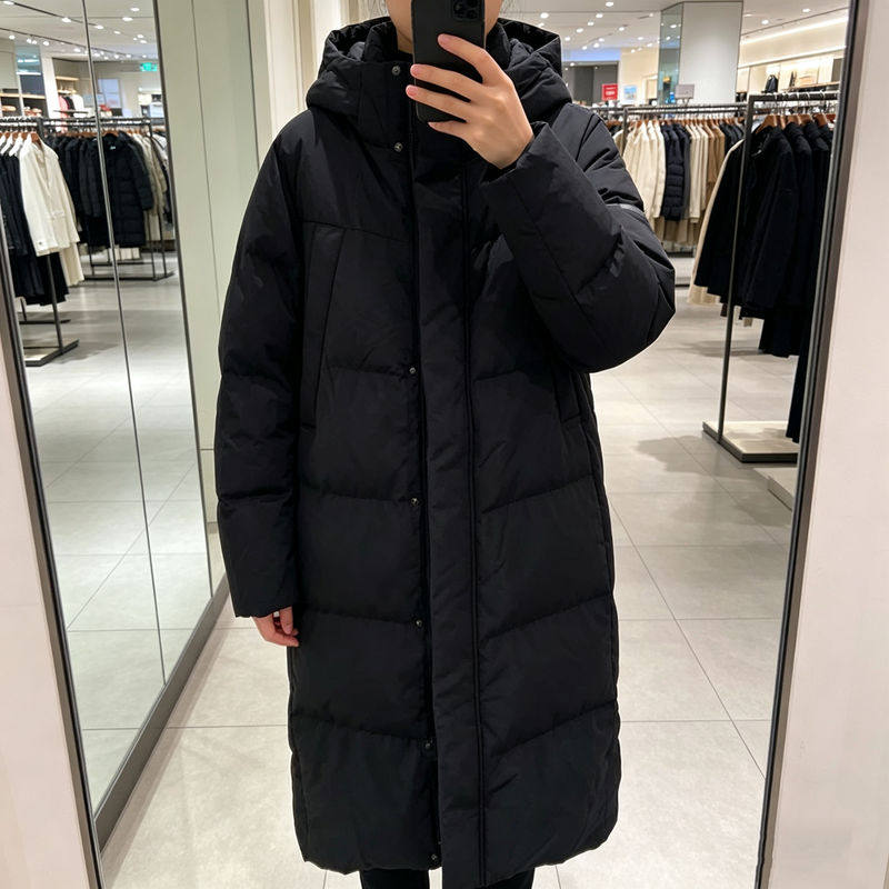 韩版 黑色中长款鹅绒连帽羽绒服男女同款冬季保暖外套长款