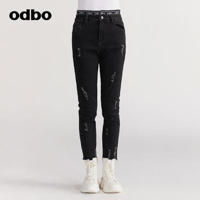 【商场同款】odbo/欧迪比欧秋冬2022新款黑色牛仔裤女束脚长裤子