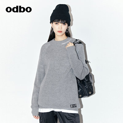 odbo 潮牌情侣款灰色羊绒针织毛衣女秋季2022新款温柔风圆领上衣