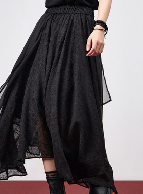 odbo/欧迪比欧双层纱蓬蓬大摆长裙女春秋松紧腰百搭半身裙设计感