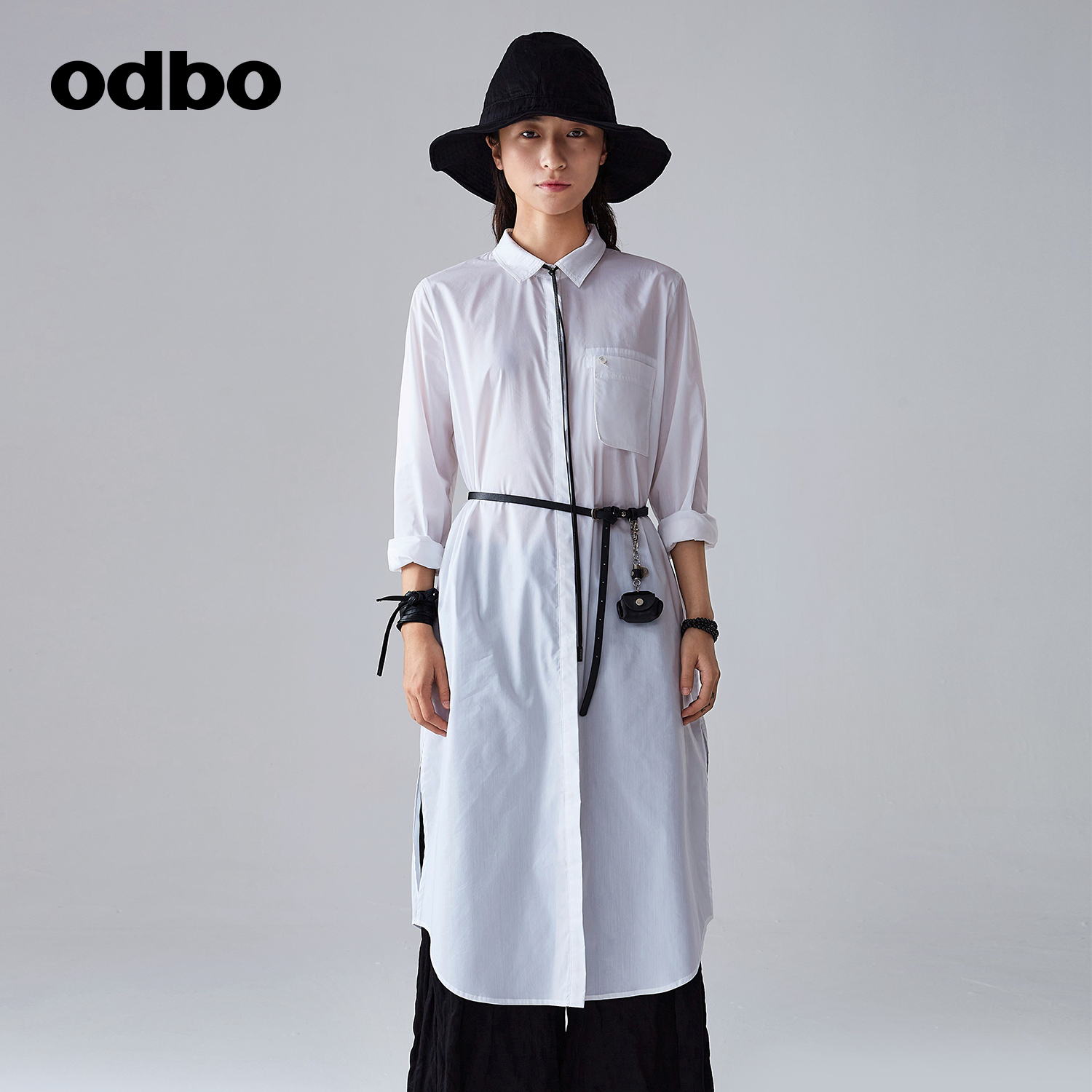 odbo/欧迪比欧原创设计休闲长袖衬衫女夏季新款开叉长款上衣