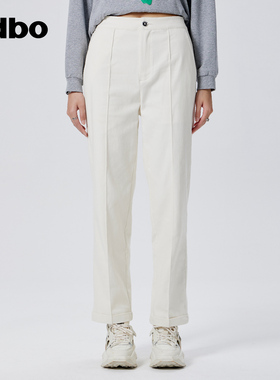 odbo 设计感压褶米色女休闲裤春季新款高腰百搭挺阔直筒裤