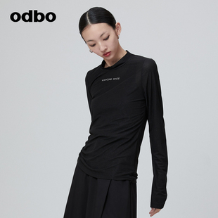 odbo 2023新款 t恤女秋装 欧迪比欧原创设计烟管领抽绳长袖 内搭上衣