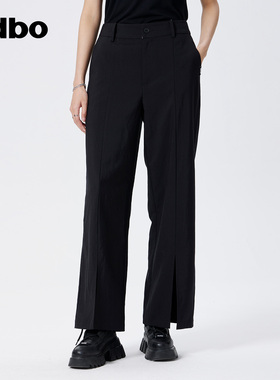 odbo 高级感黑色开衩直筒裤女春季新款高腰垂感显瘦休闲裤子