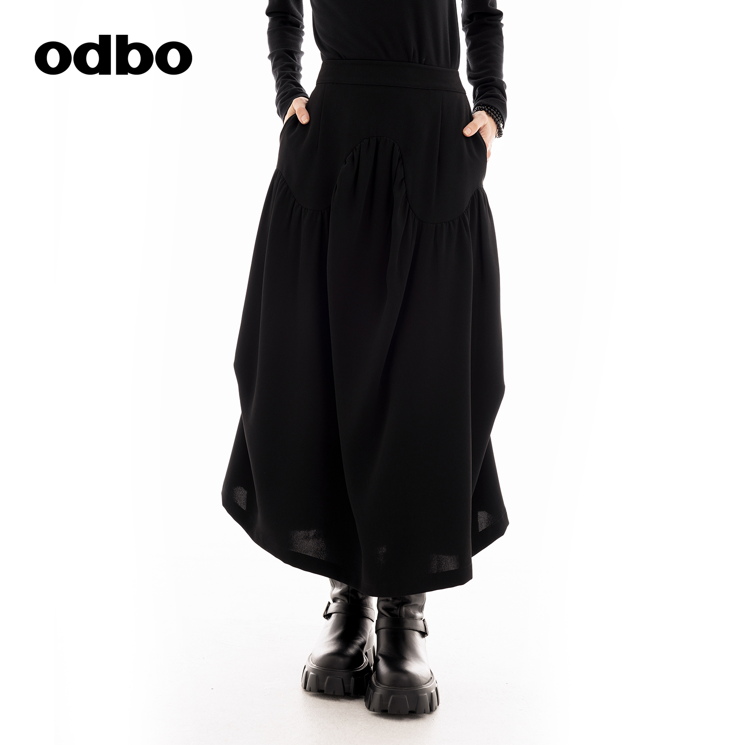 欧迪比欧高腰半身裙女春秋新款遮胯显瘦A字裙时尚褶皱中长款裙子