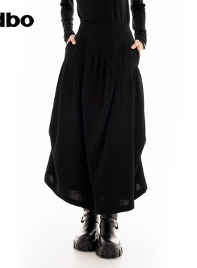 欧迪比欧高腰半身裙女春秋新款遮胯显瘦A字裙时尚褶皱中长款裙子