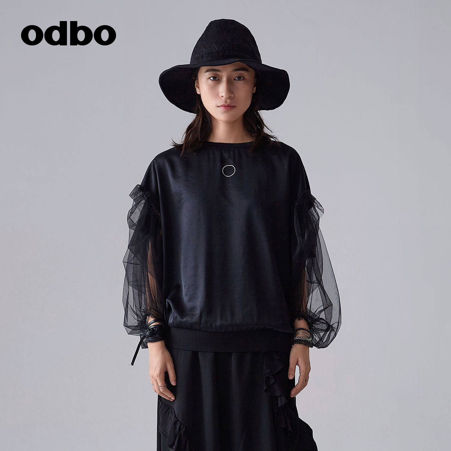odbo/欧迪比欧原创设计感轻奢复古网纱拼接T恤女秋装新款上衣