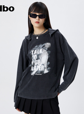 odbo 废土可拆卸连帽卫衣女情侣装春季新款美式复古上衣潮