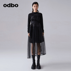 odbo/欧迪比欧原创设计复古裹胸高腰网纱连衣裙女秋装2023年新款
