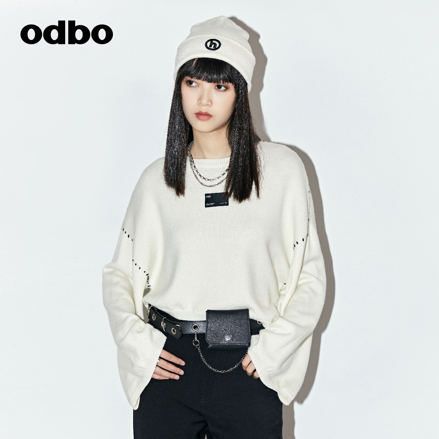 odbo 设计感蝙蝠袖短款羊毛针织衫女2022新款秋冬季套头外穿上衣