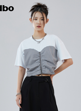【HEARD】odbo欧宝格纹拼接短袖t恤女夏季新款短款上衣潮