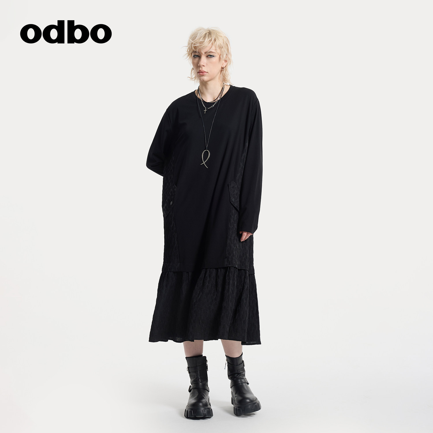 odbo欧迪比欧假两件拼接连衣裙女春秋高级感休闲卫衣裙肌理感长裙