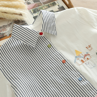 撞色不对称卡通刺绣纯棉衬衫女长袖拼色竖条纹彩扣宽松版外穿衬衣