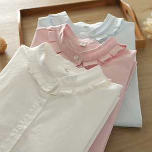 秋季新款日系甜美清新木耳花边立领纯棉衬衫女长袖设计感小众衬衣