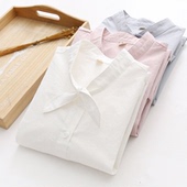 学生修身 2025秋季 女长袖 甜美文艺蝴蝶结立领纯棉衬衫 百搭衬衣 新款