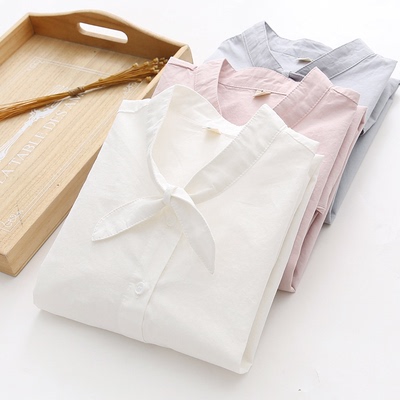 纯棉蝴蝶结文艺衬衫女