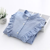 女长袖 小清新甜美纯棉立领条纹衬衫 学生宽松木耳花边衬衣 新款 秋季