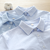 小清新文艺纯棉蓝色条纹衬衫 女长袖 翻领内搭通勤衬衣宽松上衣外套