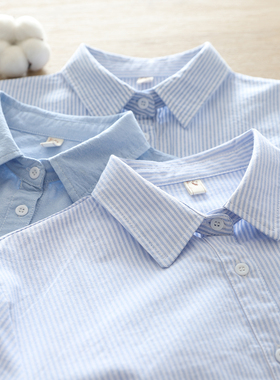 小清新文艺纯棉蓝色条纹衬衫女长袖翻领内搭通勤衬衣宽松上衣外套