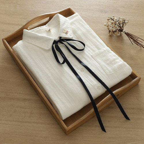 蝴蝶结纯棉双层棉纱衬衫女