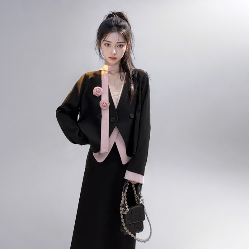 韩系设计感通勤套装女春季新款假两件拼接西装外套半裙两件套