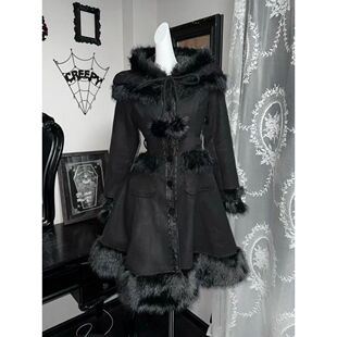 黑化魔女 日系暗黑哥特Lolita毛绒绒中长款毛呢大衣冬季新款外套