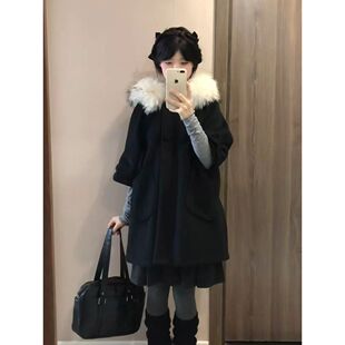 日系中古昭和少女感连帽毛领大衣设计感小众宽松中长款呢子外套女