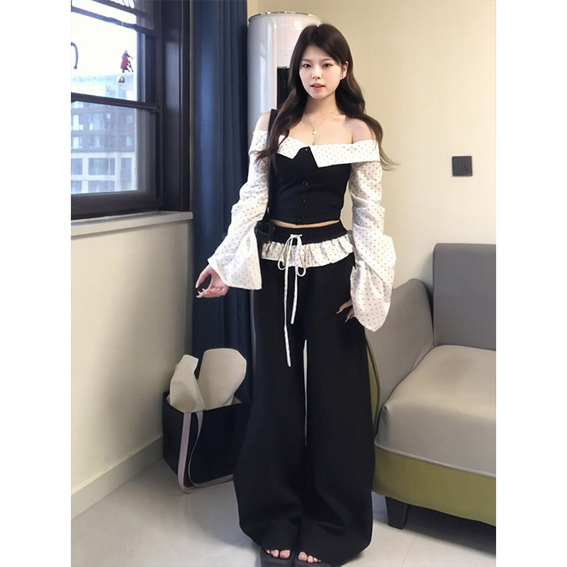 秋季新款纯欲辣妹波点芭蕾风长袖一字肩抹胸上衣阔腿裤长裤两件套