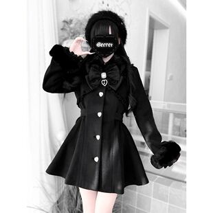 绒绒冬日 冬季新款日系温柔量产型毛领蝴蝶结中长款毛呢外套套装